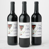 赤ワイングラスバラ水彩50誕生日 ワインラベル (ボトル)