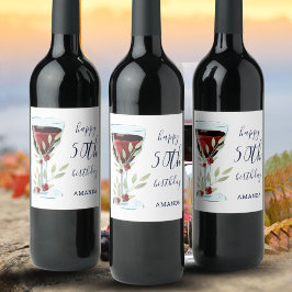 赤ワイングラスバラ水彩50誕生日 ワインラベル
