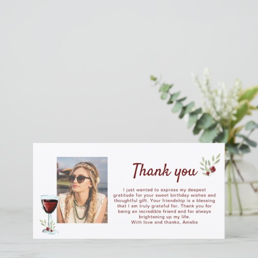 赤ワイングラス小枝フォト誕生日 サンキューカード (スタンド正面)
