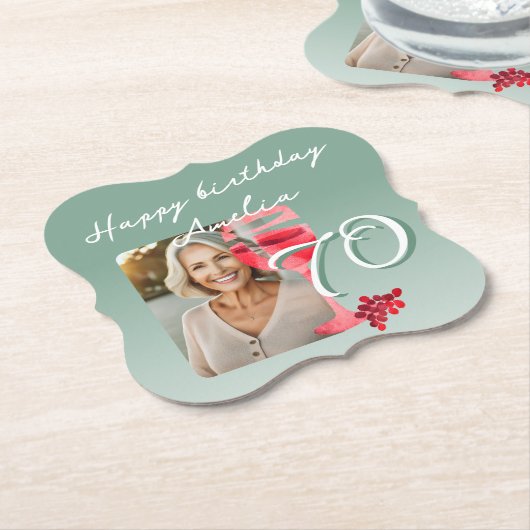 赤ワイングラス水の色70誕生日写真 ペーパーコースター (アングル)