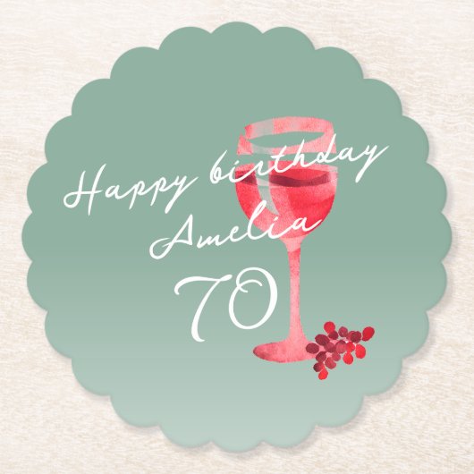 赤ワイングラス水の色70th誕生日パーティー ペーパーコースター (正面)