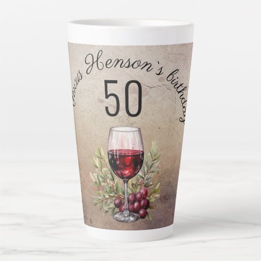 赤ワイングラス オリーブ 水彩画 50歳の誕生日  カフェラテマグ (正面)