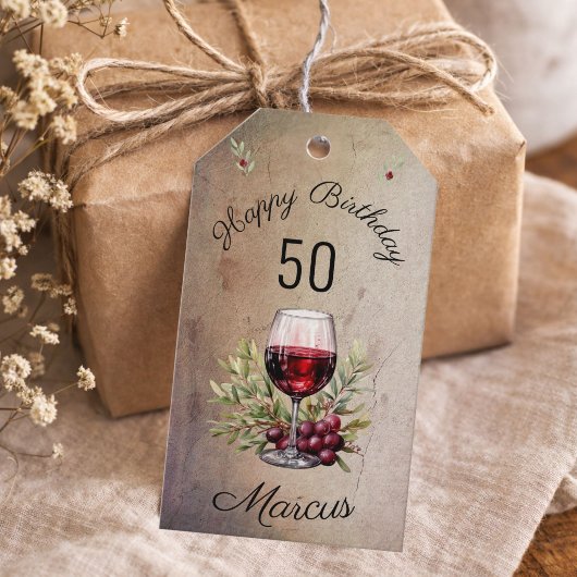 赤ワイングラス オリーブ 水彩画 50歳の誕生日  ギフトタグ