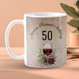 赤ワイングラス オリーブ 水彩画 50歳の誕生日 コーヒーマグカップ