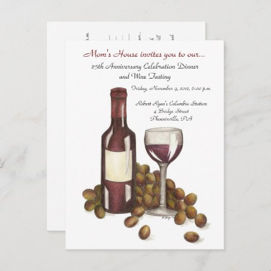 赤ワインテイスティンググラスボトルブドウのチャリティーイベント インビテーションポストカード (正面/裏面)