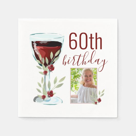 赤ワインバラ水彩写真60誕生日 スタンダードカクテルナプキン (正面)