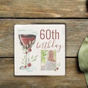 赤ワインバラ水彩写真60誕生日 ストーンコースター