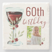 赤ワインバラ水彩写真60誕生日 ストーンコースター (正面)