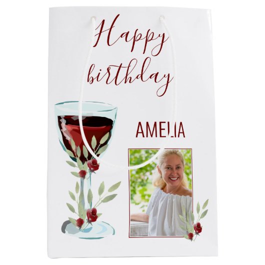 赤ワインバラ水彩写真60誕生日 ミディアムペーパーバッグ (正面)