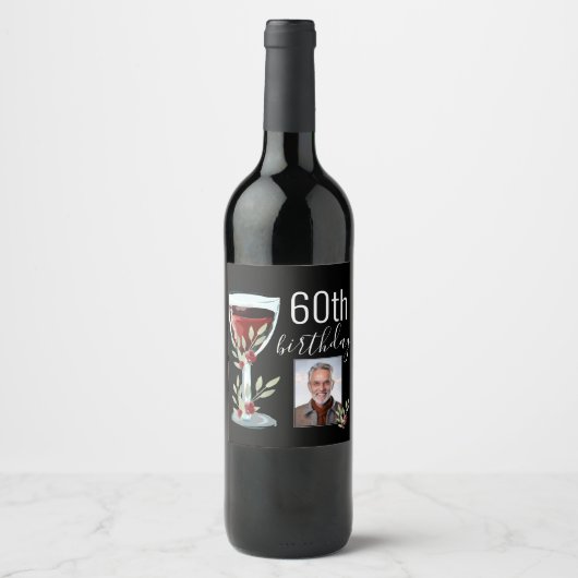 赤ワインバラ水彩写真60誕生日 ワインラベル (正面)