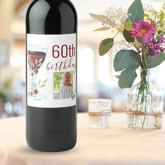 赤ワインバラ水彩写真60誕生日 ワインラベル
