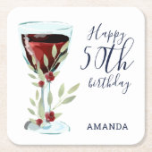 赤ワインバラ水彩50thバースデーパーティー スクエアペーパーコースター (正面)