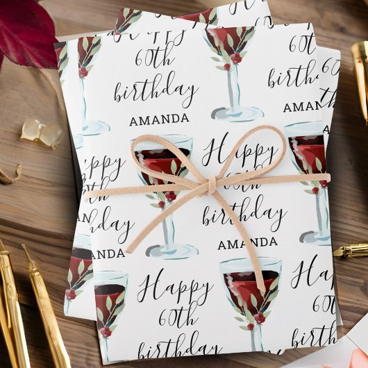 赤ワインバラ水彩60誕生日 ラッピングペーパーシート