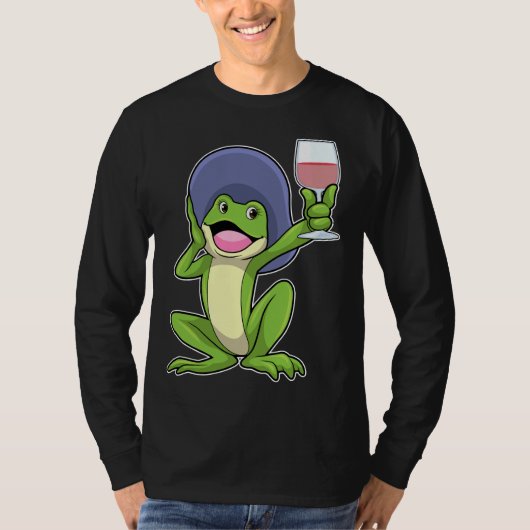 赤ワイン&アンプ帽子のガラス付きカエル Tシャツ (正面)