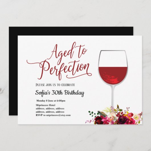 赤ワイン,フローラ,完璧に熟成,誕生日 招待状 (正面/裏面)