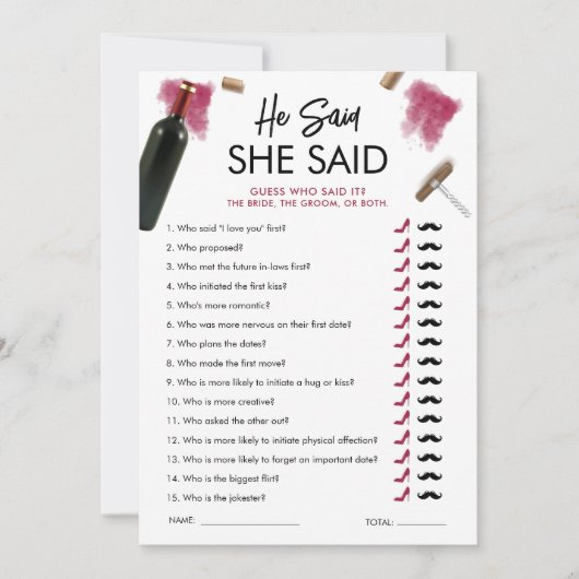 赤ワイン ブライズシャワー用ヒアセッドシェアードゲームカード 招待状 (正面)