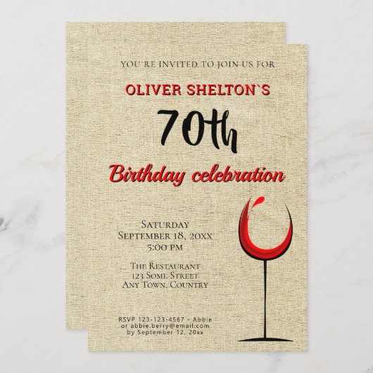 赤ワ素朴イングラス70歳誕生パーティー 招待状 (正面/裏面)