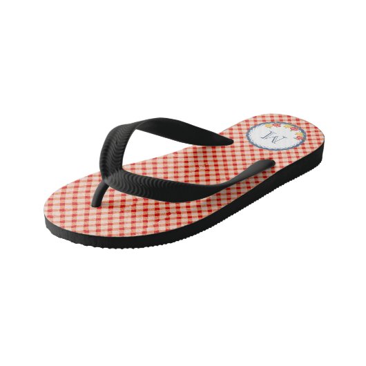 赤ヴィンテージギンガムフラワーモノグラム女の子 キッズビーチサンダル (アングル)