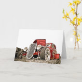 赤ヴィンテージクラシック車集電器グリーティングカード カード (黄色い花)