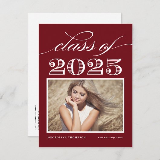 赤ヴィンテージクラス2025写真卒業 案内ポストカード (正面/裏面)