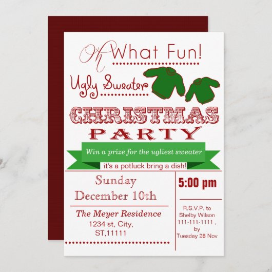 赤ヴィンテージクリスマス醜いセーターパーティー招待状 招待状 (正面/裏面)
