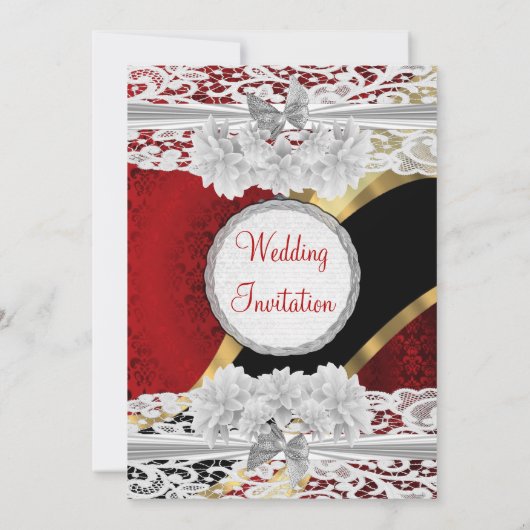 赤ヴィンテージダマスクと白結婚レース 招待状 (裏面)