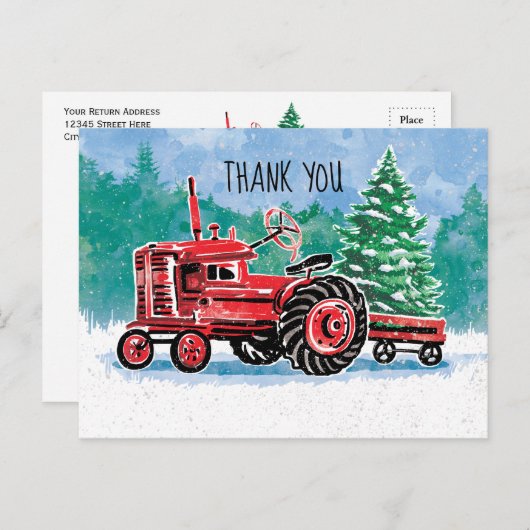 赤ヴィンテージトラクタークリスマスツリー保存日 ポストカード (正面/裏面)