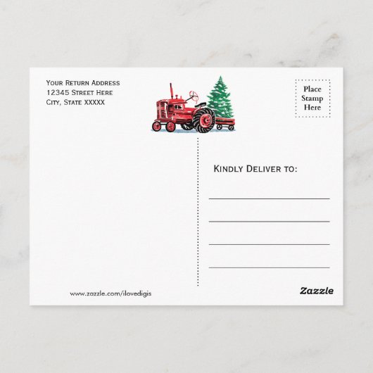 赤ヴィンテージトラクタークリスマスツリー保存日 ポストカード (裏面)