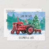 赤ヴィンテージトラクタークリスマスツリー保存日 案内ポストカード (正面/裏面)