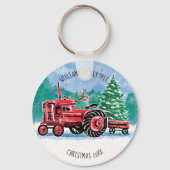赤ヴィンテージトラクタークリスマスツリー名の追加 キーホルダー (正面)