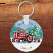 赤ヴィンテージトラクタークリスマスツリー名の追加 キーホルダー (正面)