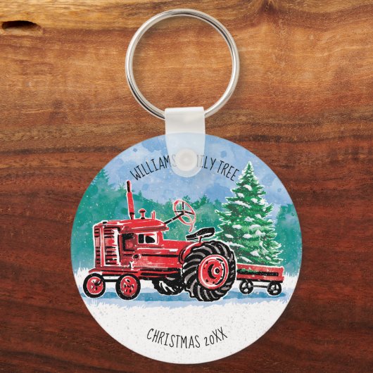 赤ヴィンテージトラクタークリスマスツリー名の追加 キーホルダー (正面)