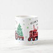 赤ヴィンテージトラクタークリスマスツリー名の追加 コーヒーマグカップ (中央)