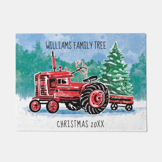 赤ヴィンテージトラクタークリスマスツリー名の追加 ドアマット (正面)