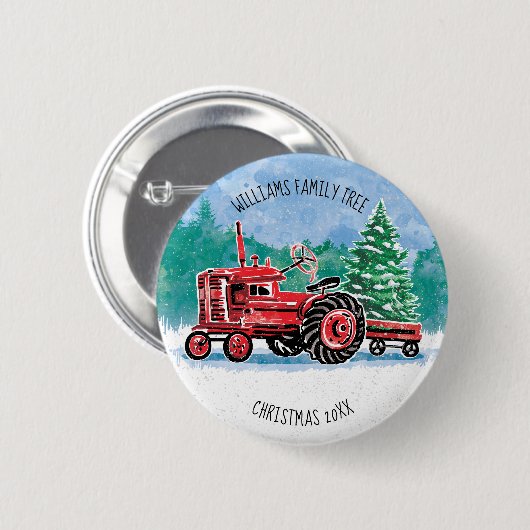 赤ヴィンテージトラクタークリスマスツリー名の追加 缶バッジ (正面&裏面)
