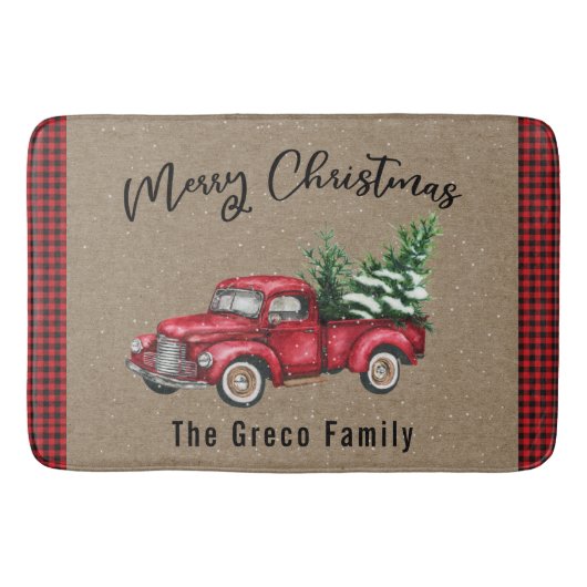 赤ヴィンテージトラックとクリスマスツリーのバスマット バスマット (正面)