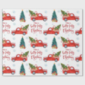 赤ヴィンテージトラックとクリスマスツリーオーナメント ラッピングペーパー (フラット)