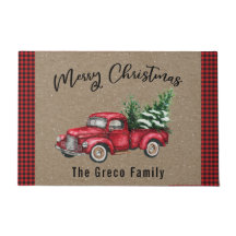 赤ヴィンテージトラックとクリスマスツリー歓迎マット
