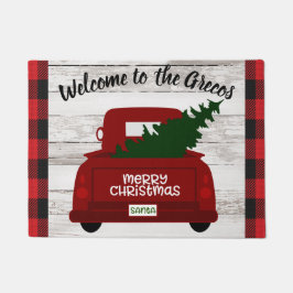 赤ヴィンテージトラックとクリスマスツリー歓迎マット ドアマット