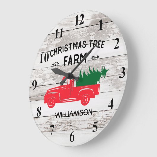赤ヴィンテージトラッククリスマスツリーファミリー名 ラージ壁時計 (傾斜)