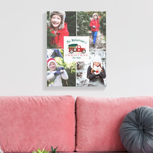 赤ヴィンテージトラッククリスマスツリーファームファミリーフォト キャンバスプリント (インサイチュ (リビング))