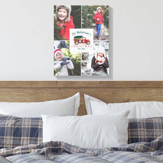 赤ヴィンテージトラッククリスマスツリーファームファミリーフォト キャンバスプリント (インサイチュ (寝室))