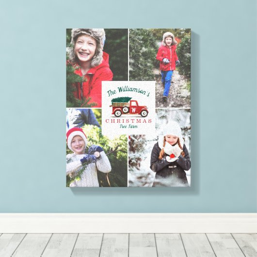 赤ヴィンテージトラッククリスマスツリーファームファミリーフォト キャンバスプリント (インサイチュ (ウッドフロア))