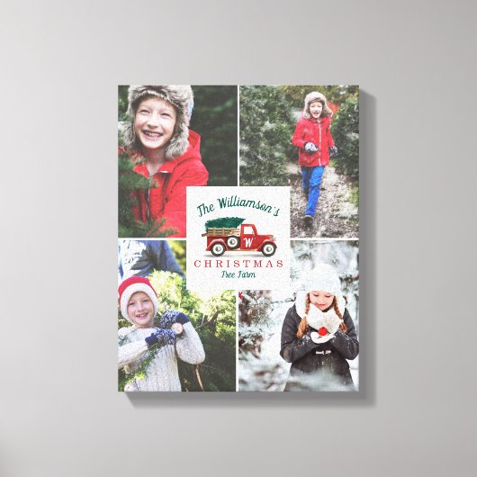 赤ヴィンテージトラッククリスマスツリーファームファミリーフォト キャンバスプリント (正面)