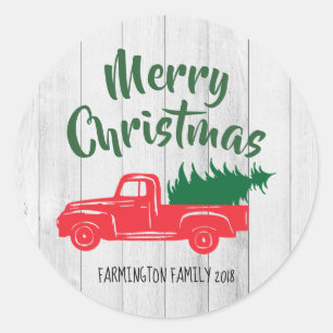 赤ヴィンテージトラック素朴クリスマスステッカー ラウンドシール