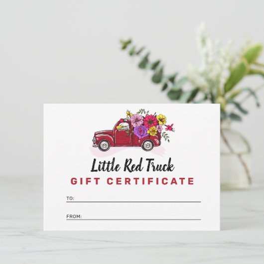 赤ヴィンテージトラック&フラワーギフト証明書カード 招待状 (スタンド正面)