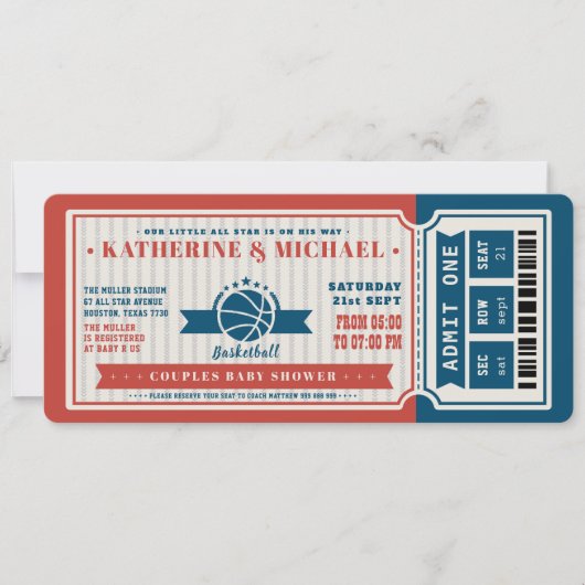 赤ヴィンテージバスケットボールチケットカップル赤ちゃんシャワー 招待状 (正面)