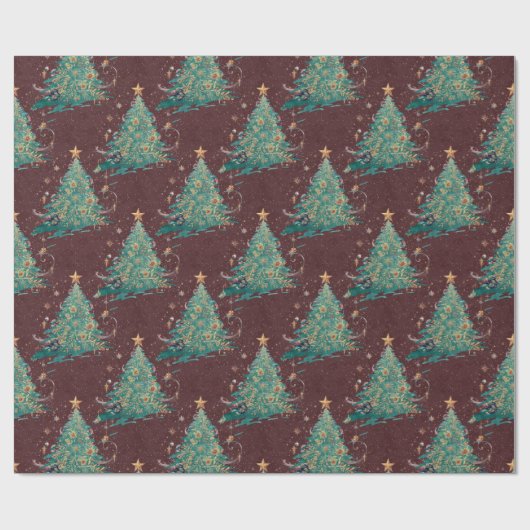 赤ヴィンテージビクトリアンクリスマスツリーパターン ラッピングペーパー (フラット)