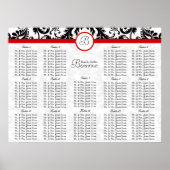 赤ヴィンテージブラックダマスクのウェディングシーティングチャート ポスター (正面)