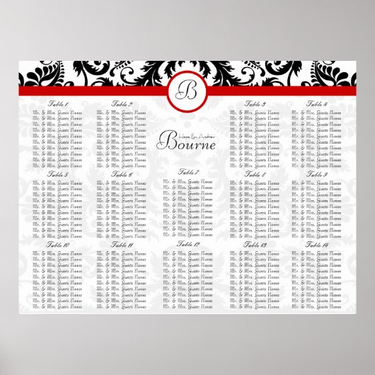 赤ヴィンテージブラックダマスクのウェディングシーティングチャート ポスター (正面)